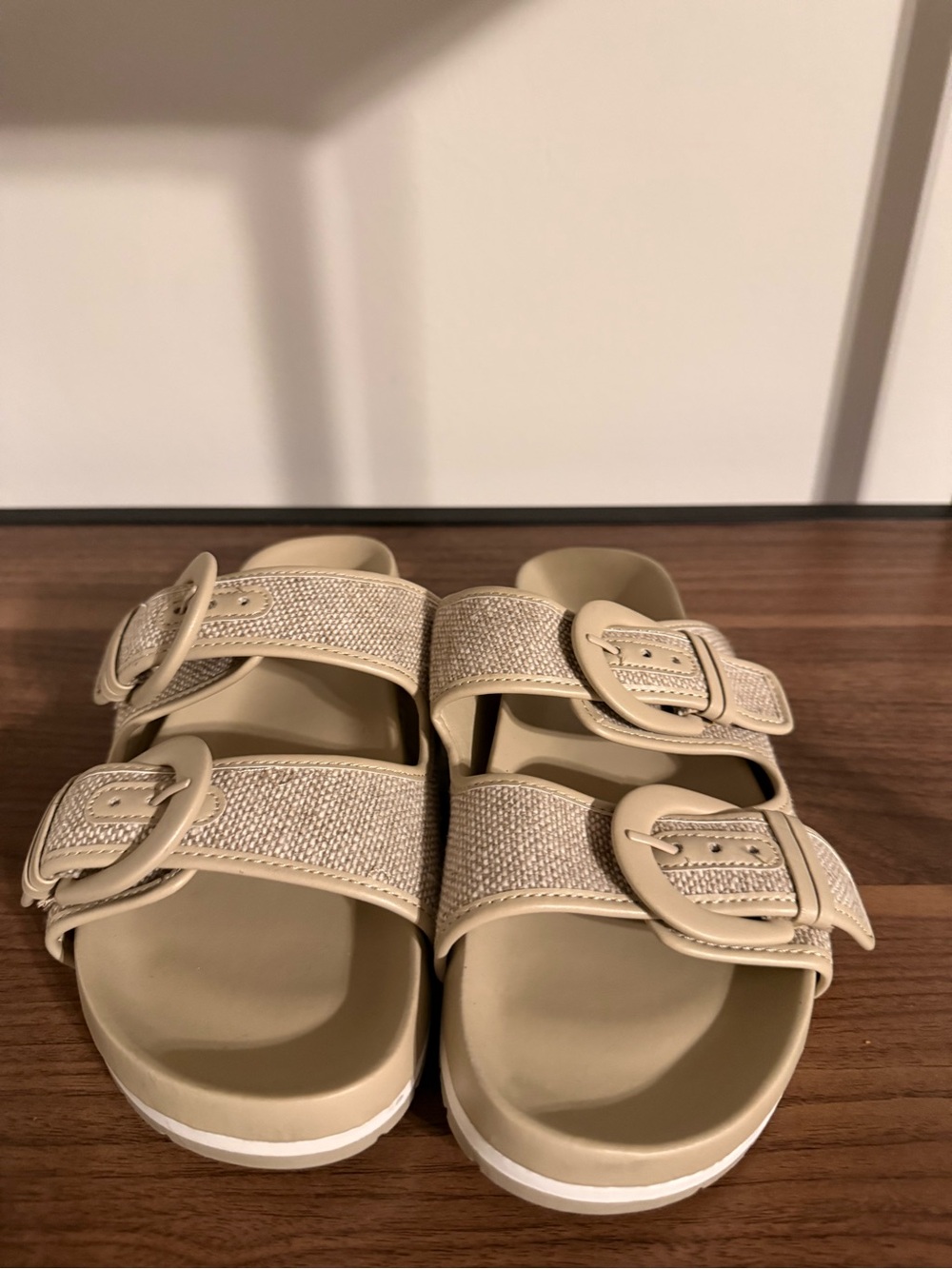 Time and Tru Neutral Tan Double Buckle Slide Sandals